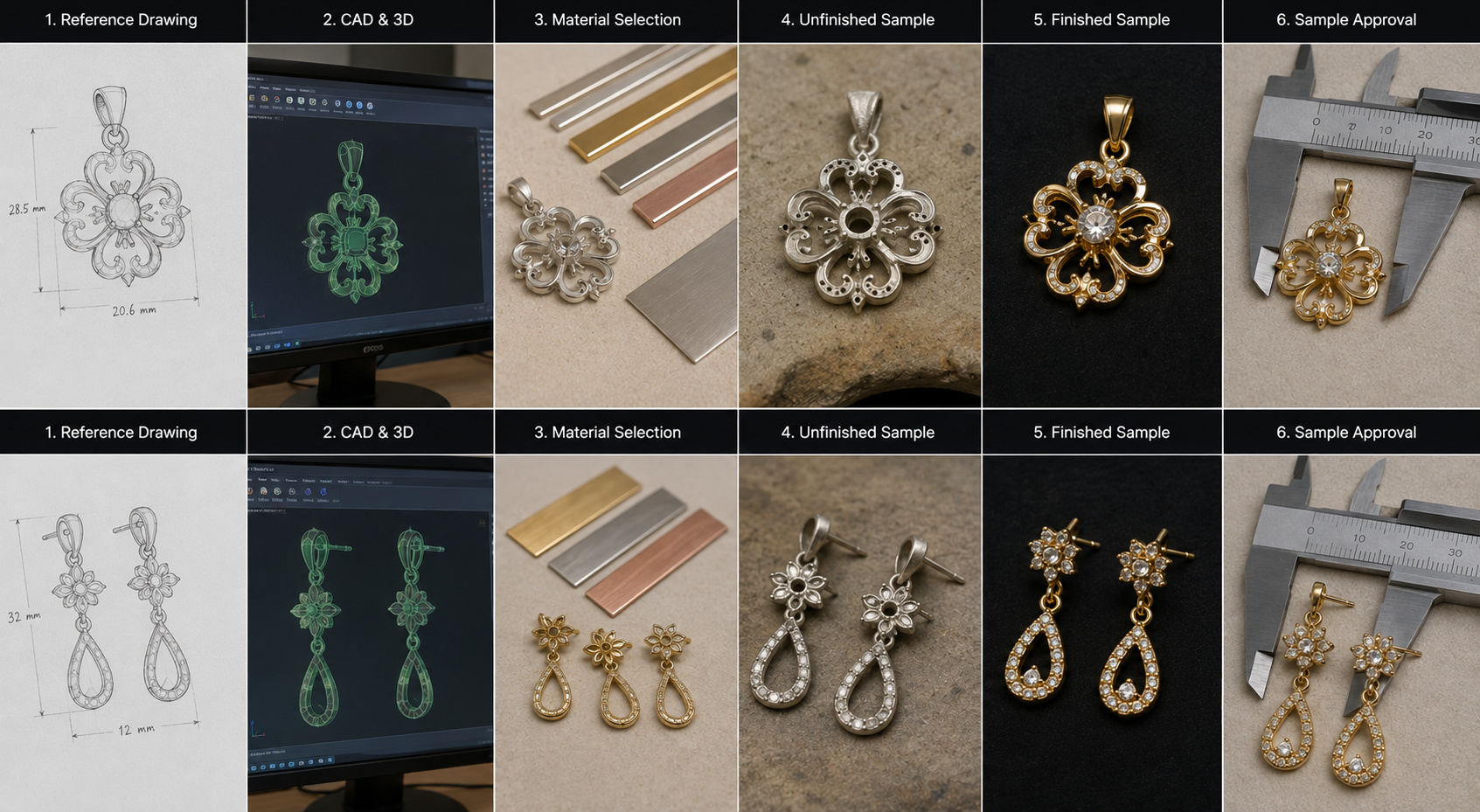 Custom jewelry development process from reference drawing to approved sample