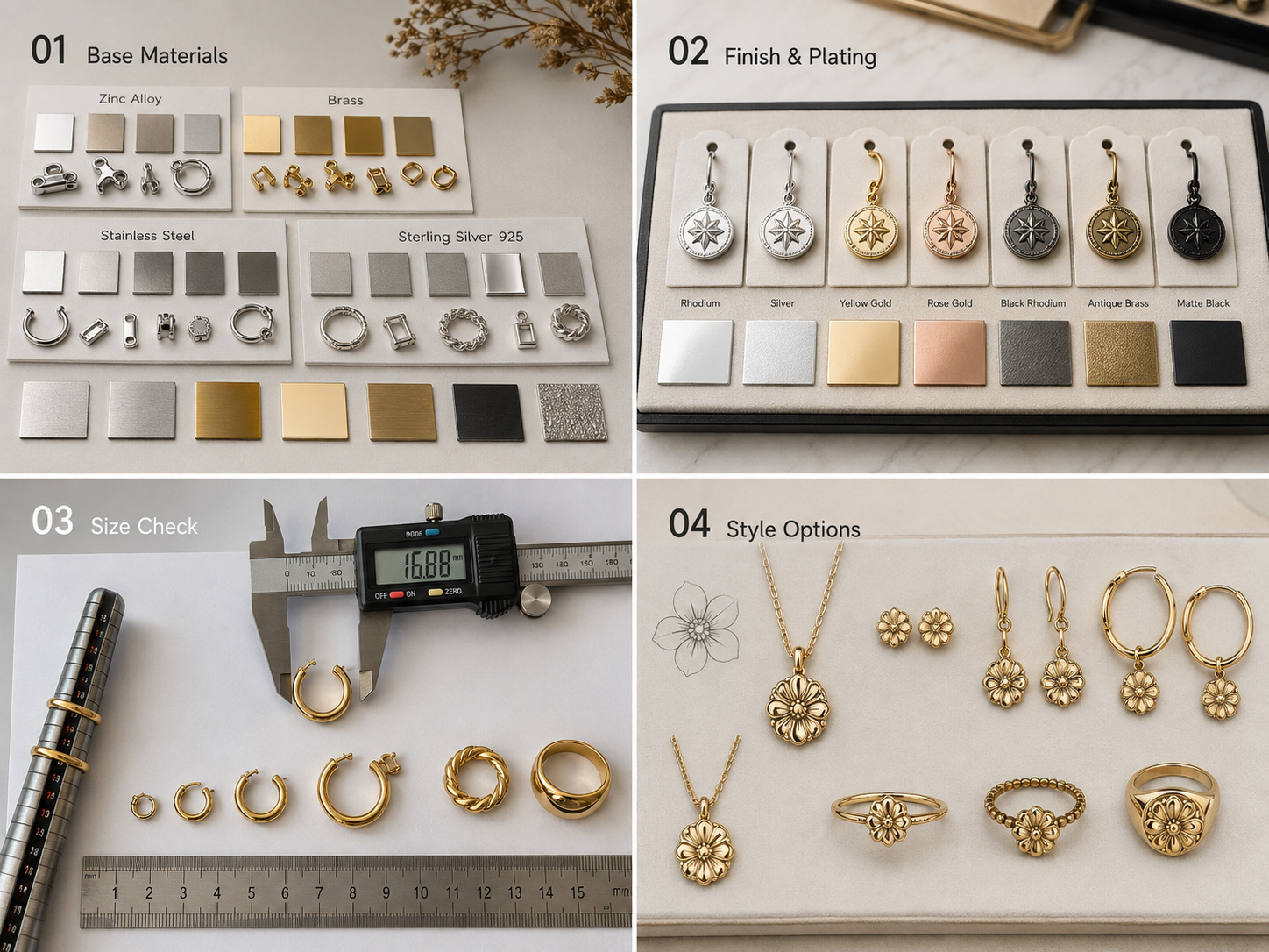 Custom jewelry materials finishes size check and style options