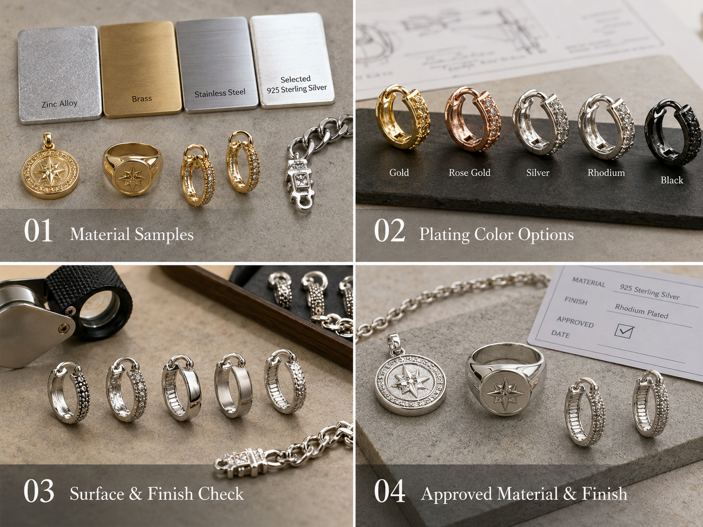 Custom jewelry materials plating colors and finish approval