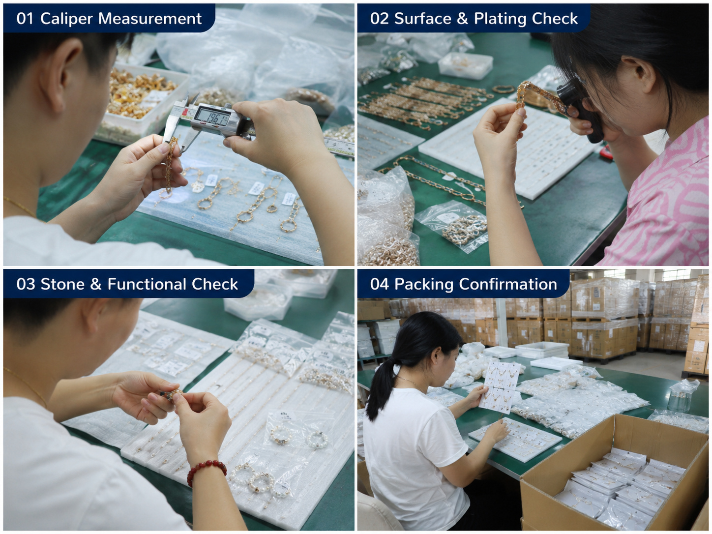 Jewelry final QC with dimension plating stone and packing checks