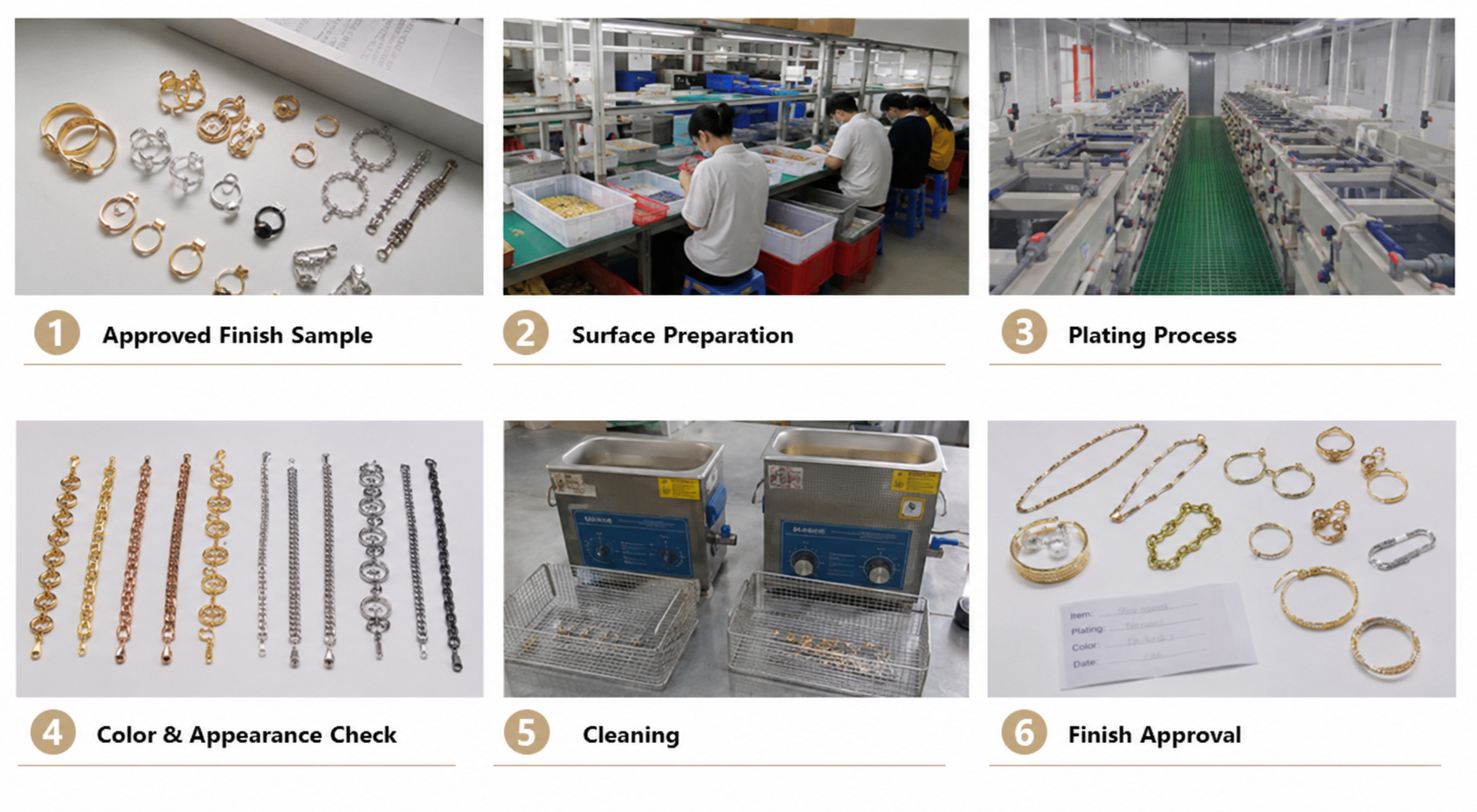 Jewelry plating coating color check cleaning and finish approval process