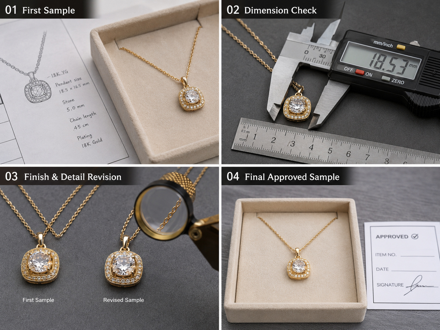 Jewelry sample modification dimension check and approval workflow